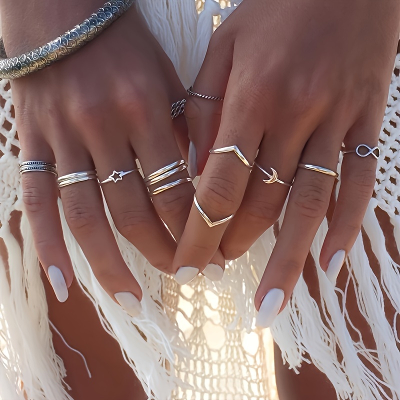 

12pcs Teen Simple Bohemian Ancient Silvery Infinity Pentagram Shape Stackable Ring Set For Women Girls