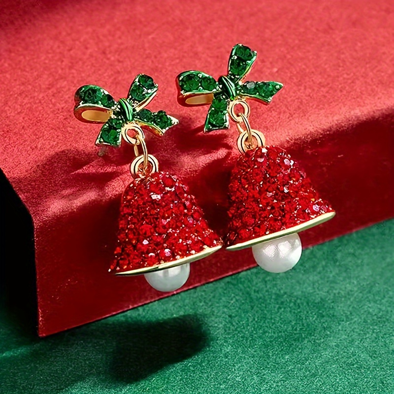 TEMU 1 Pair Of Women's Fashionable Stud Earrings, Featuring A Minimalist And Christmas With Red Rhinestones And A Bell Charm. The Alloy Material