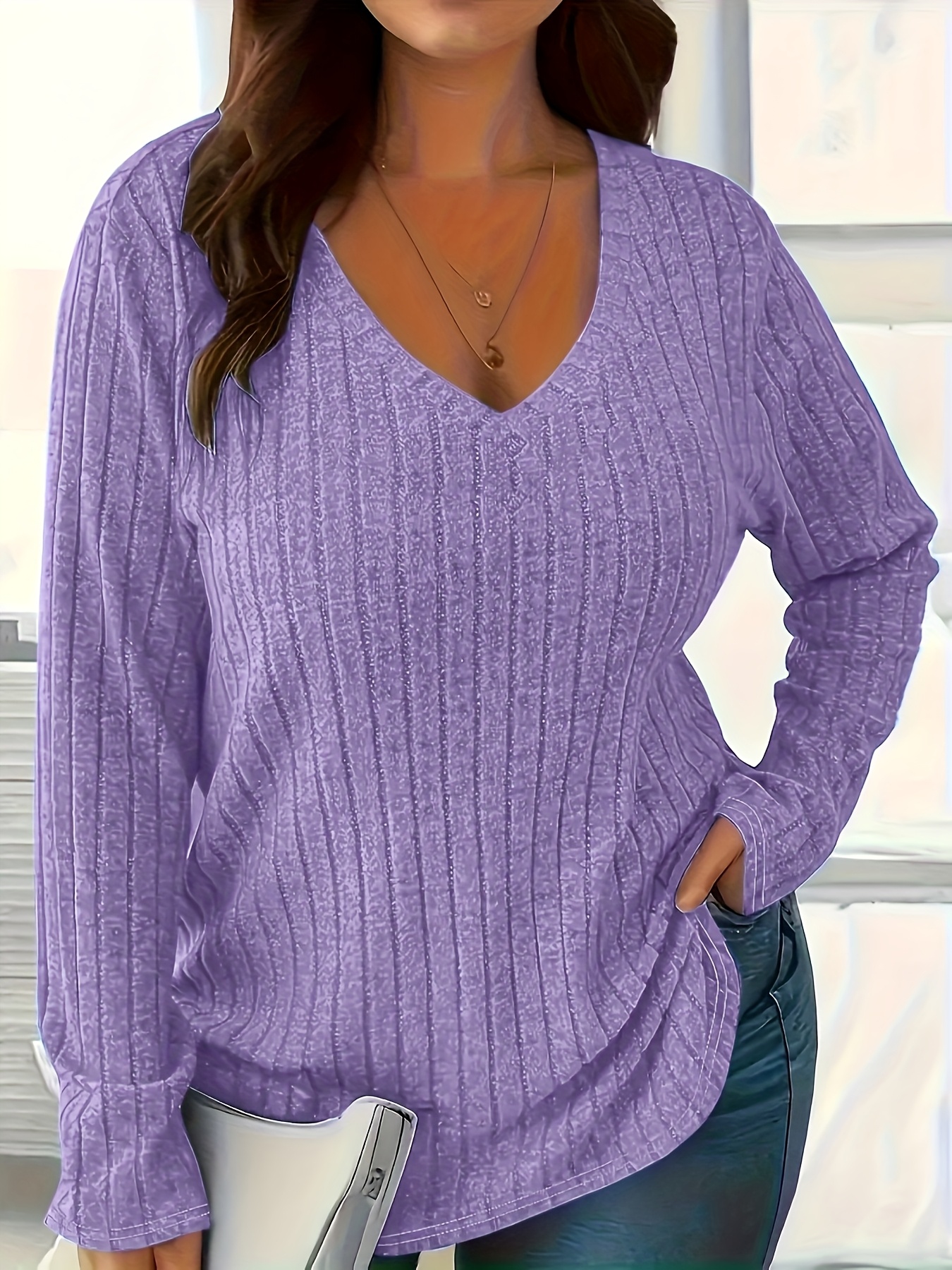Women's Plus Size Casual V-Neck Ribbed Long Sleeve Top - Stretchy Blouse, Machine Washable, Solid Color, Spring/Fall Essential, Elegance Collection, Fall Wardrobe, Elegant Style, Soft Texture, Stylish Blouse, Casual Attire