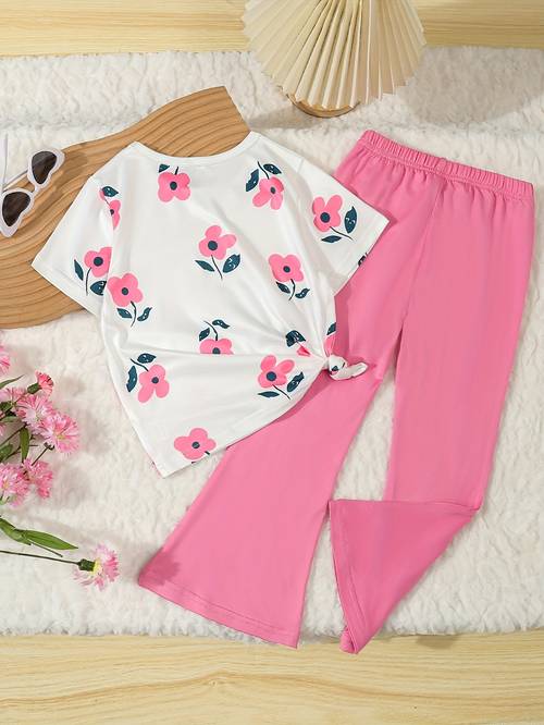 girls spring and summer cute flower print round neck t shirt fashion casual flared pants 2 pack for outdoor