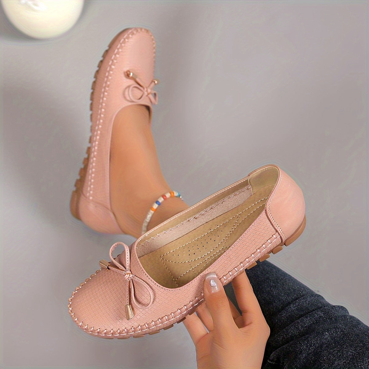 Solid Color Bow Flat Women's Shoes, Comfortable Slip-On Loafers