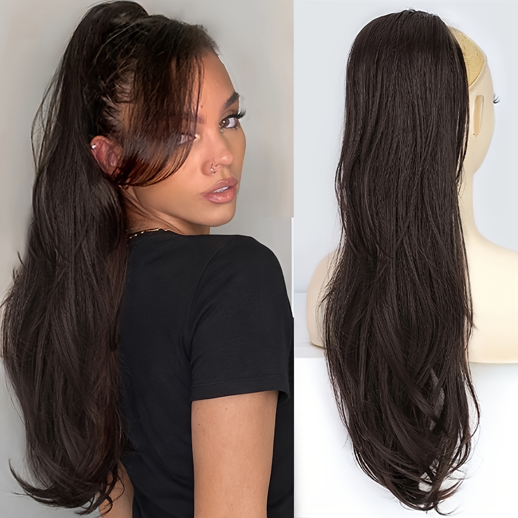 TEMU Extensions de queue de cheval synthétiques longues et ondulées de 26 pouces avec cordon de serrage, cheveux droits pour femmes, couleurs