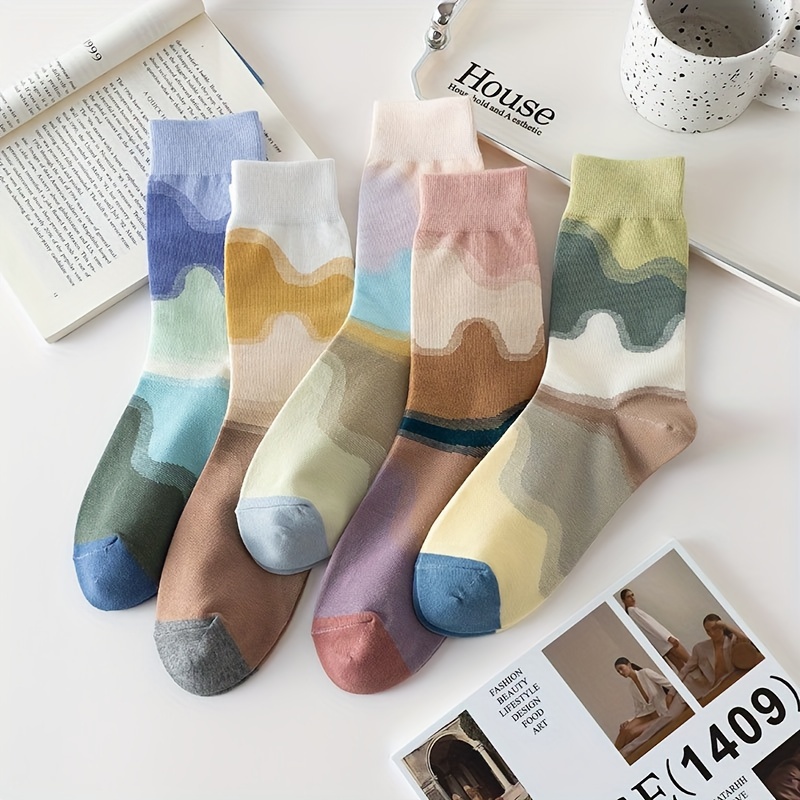 5 Pairs Mid-calf Socks Women's Contrast Color Oil Painting Socks Trendy Morandi Gradient College Style