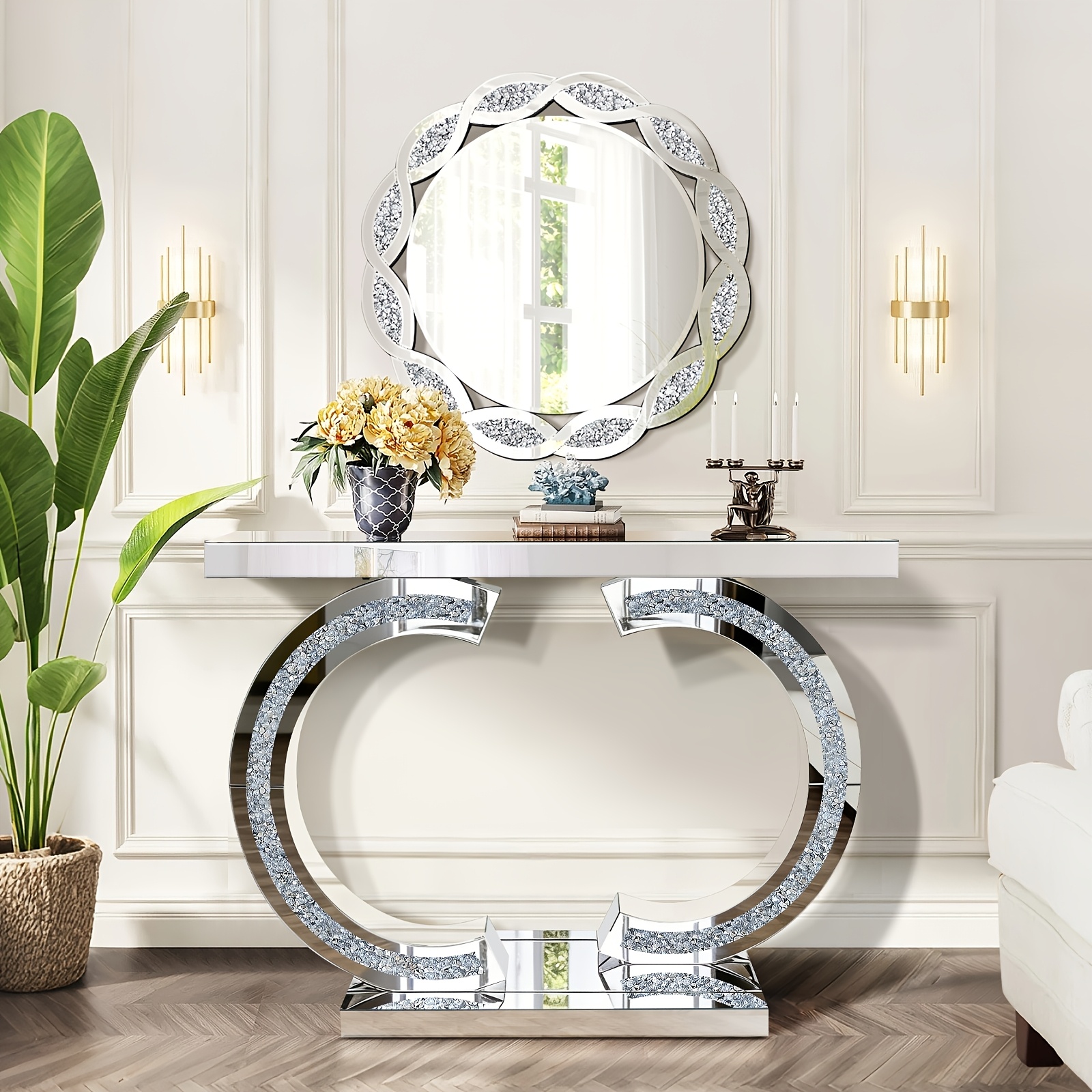 Image of 39" Modern Entryway Console Table | Crushed Diamond Inlay, Silvery Mirrored Glass Hallway Table With Base, 2 Disassembly , Suitable For