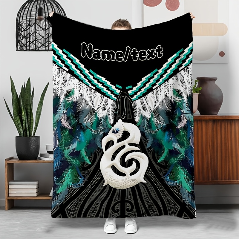TEMU [custom Blanket] 1pc Personalized Name/text Maori Totem Feather Pattern Printed Blanket, Suitable For Sofa, Bed, Travel, Camping, Living Room,