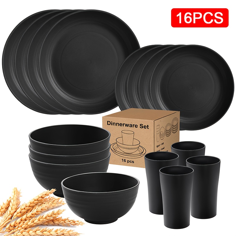 E-shop 16/32-teiliges elegantes schwarzes Plastik-Geschirrset – Inklusive Teller, Dessertteller, Reisschalen, Becher, mikrowellen- spülmaschinenfest,