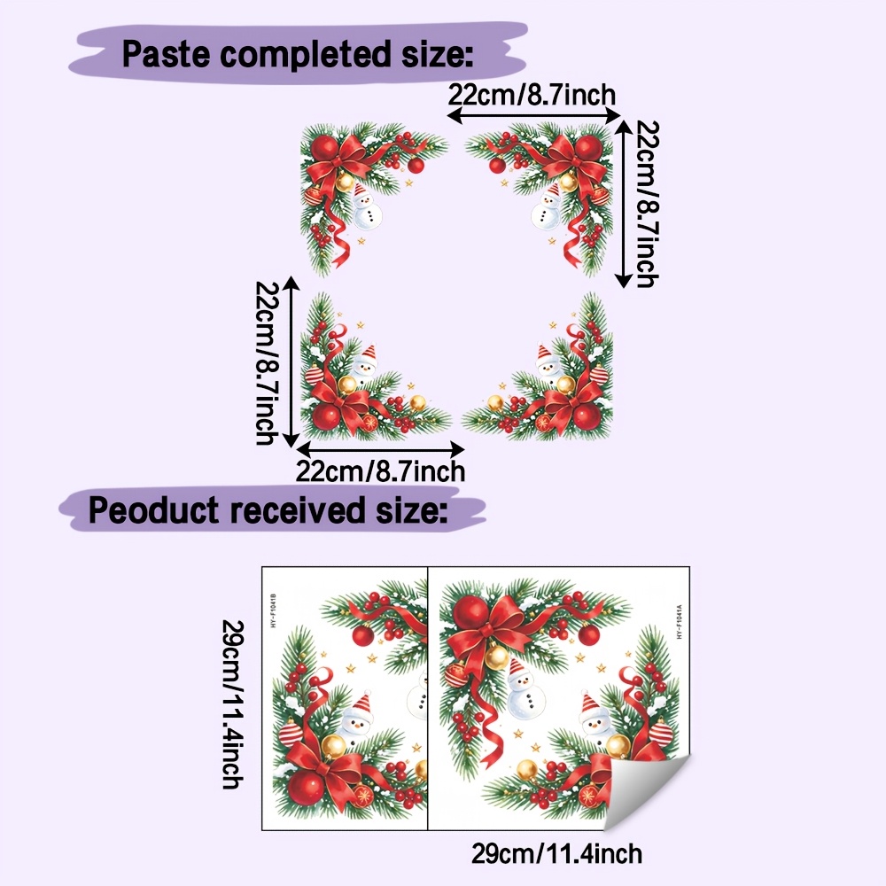 TEMU 2d Flat, 1 Set, 2pcs, 2d Window Stickers, Christmas Four-corner Pine Branch Bow Ornament Ball Small Snowman, Exquisite Christmas Corner