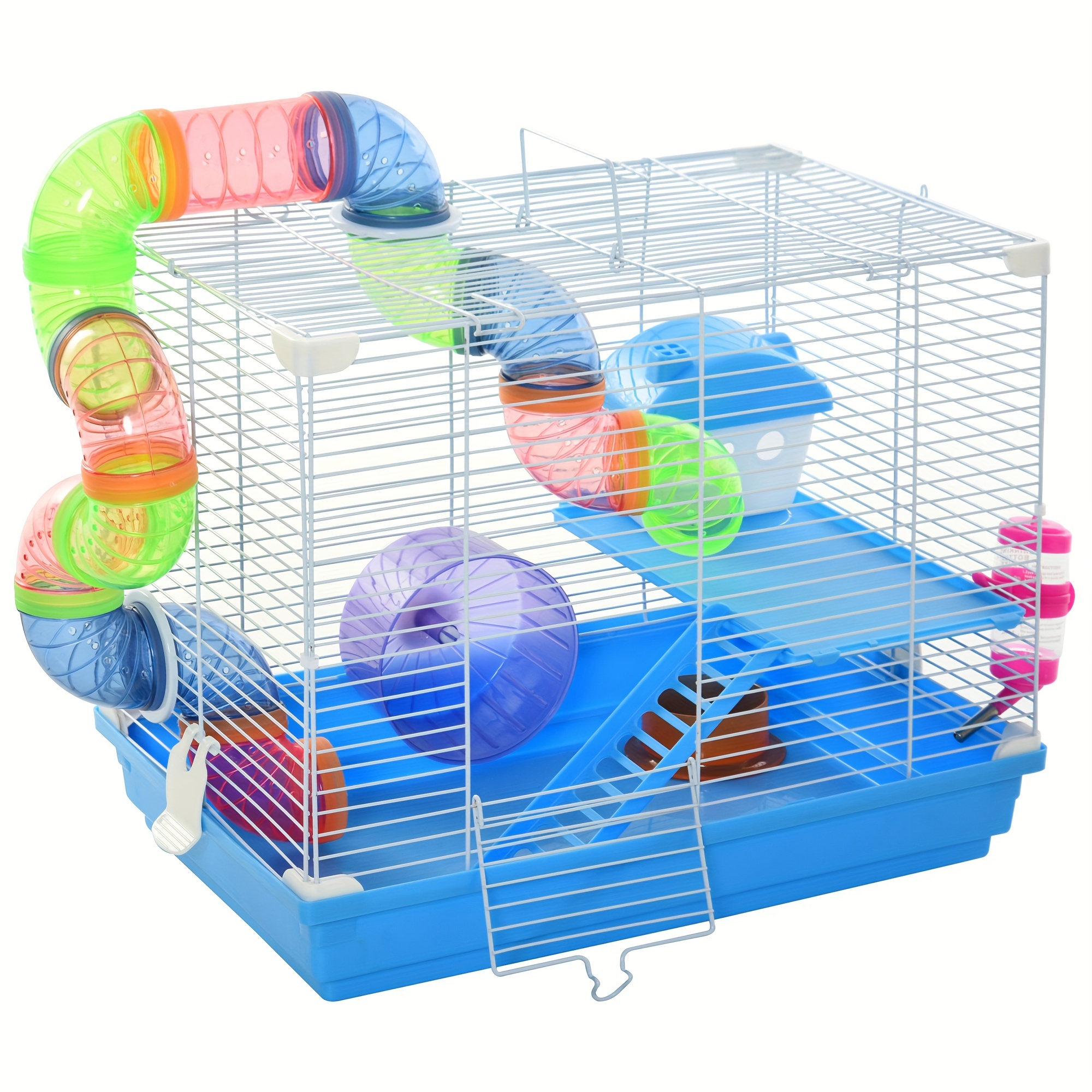 TEMU Cage à hamster à 2 niveaux, maison pour rongeurs, gerbilles, souris, rats, fil métallique avec roue d'exercice, tubes de jeu, bouteille d'eau,