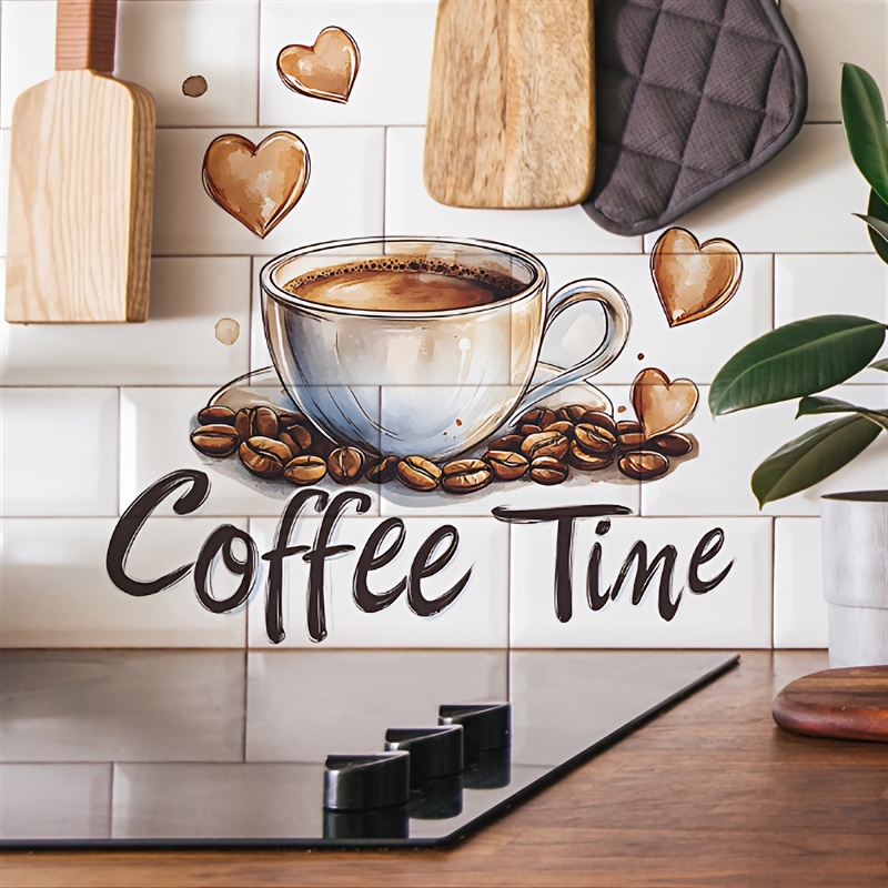 Image of [everyday ] Vinyl Wall Decal With Hand-painted Coffee Cup & Beans – Removable Home Décor For Kitchen, Living Room, Or Café – Self-adhesive & Reusable, Coffee Bar Accessories