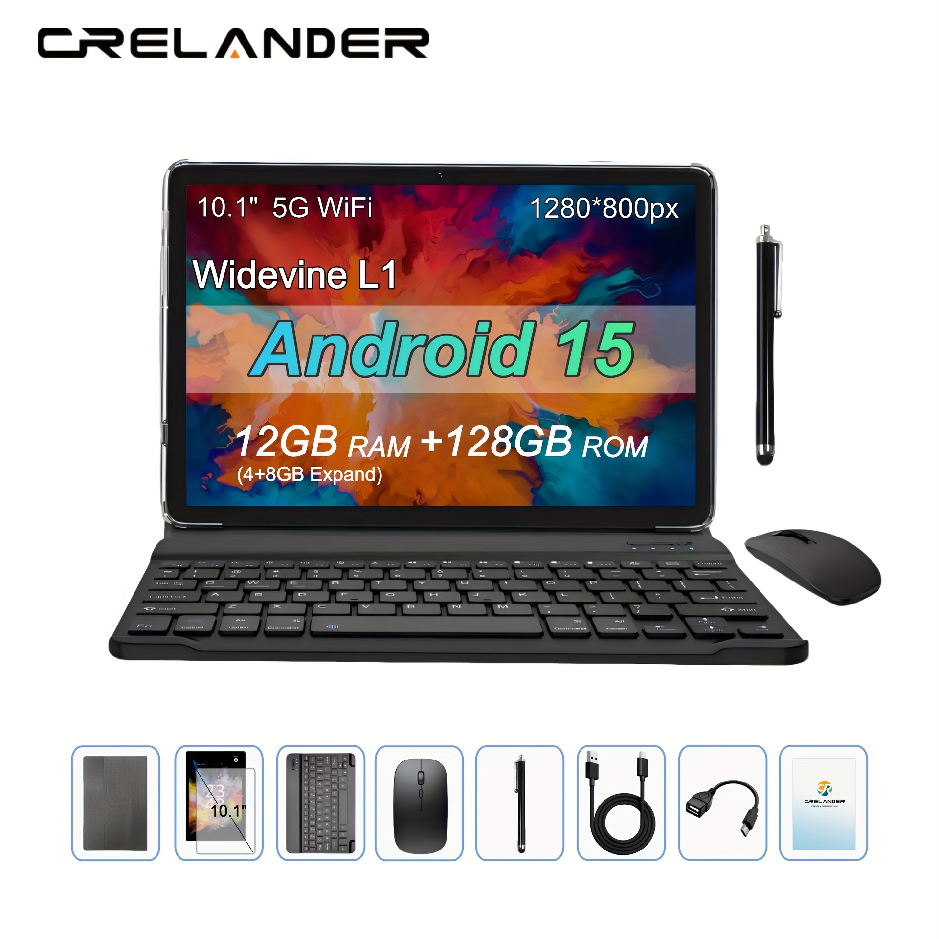     15 tablet 10,1 zoll 2 in 1, 12gb (4gb+8gb)  , 128gb rom und 1tb erweiterungsunterstützung, 10,1 zoll ips bildschirm, 2.4g/5g wifi,   l1 tablet, mit hülle, tastatur, maus, stylus, gms, google, tablet, pad, tablet, pad
