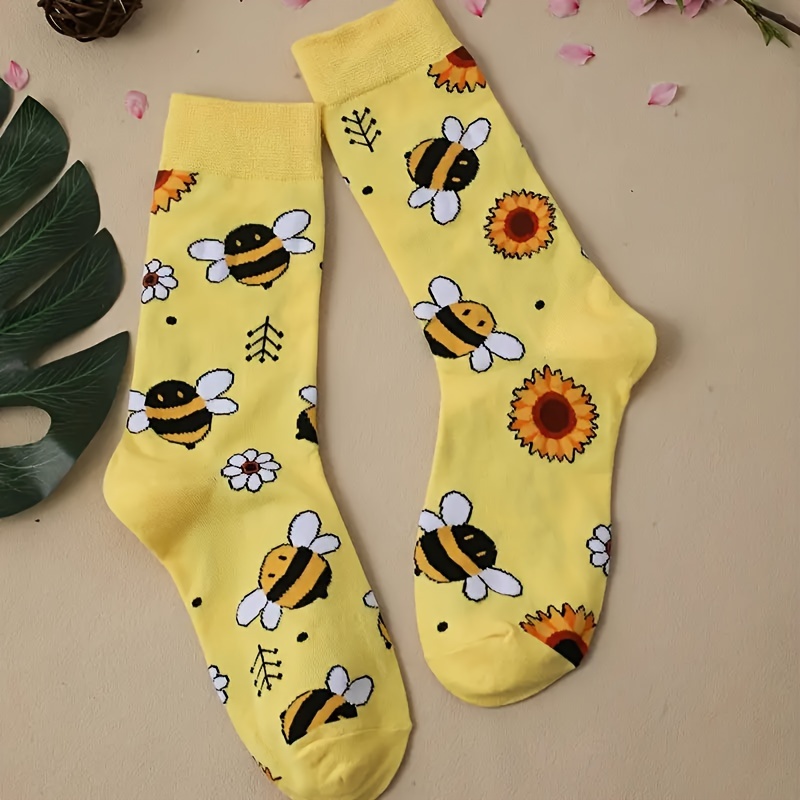 

Cartoon Bee & Sunflower Print Socks, Cute & Mid Tube Socks, Women's Stockings & Hosiery