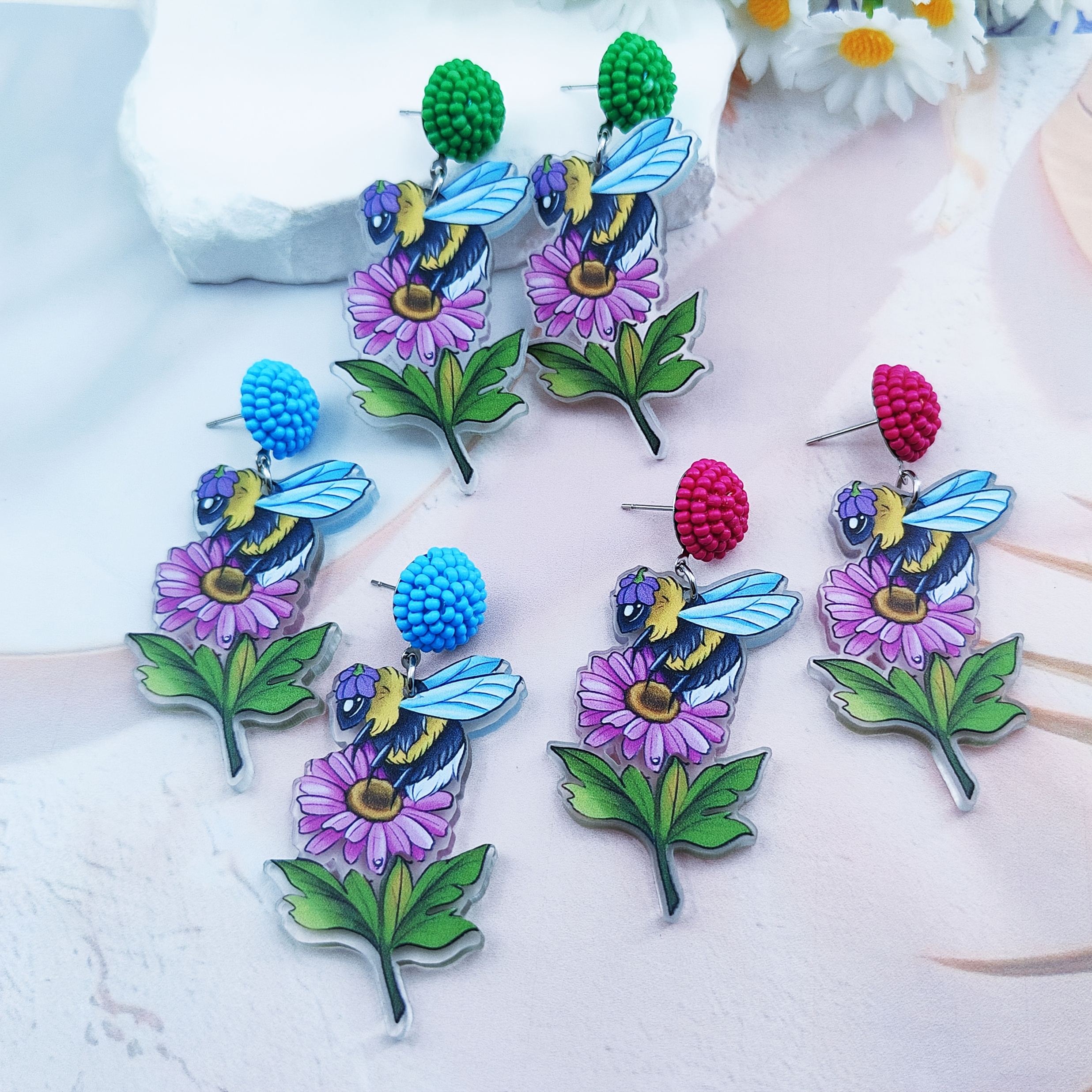 Handmade Natural Bee & Flower Dangle Earrings