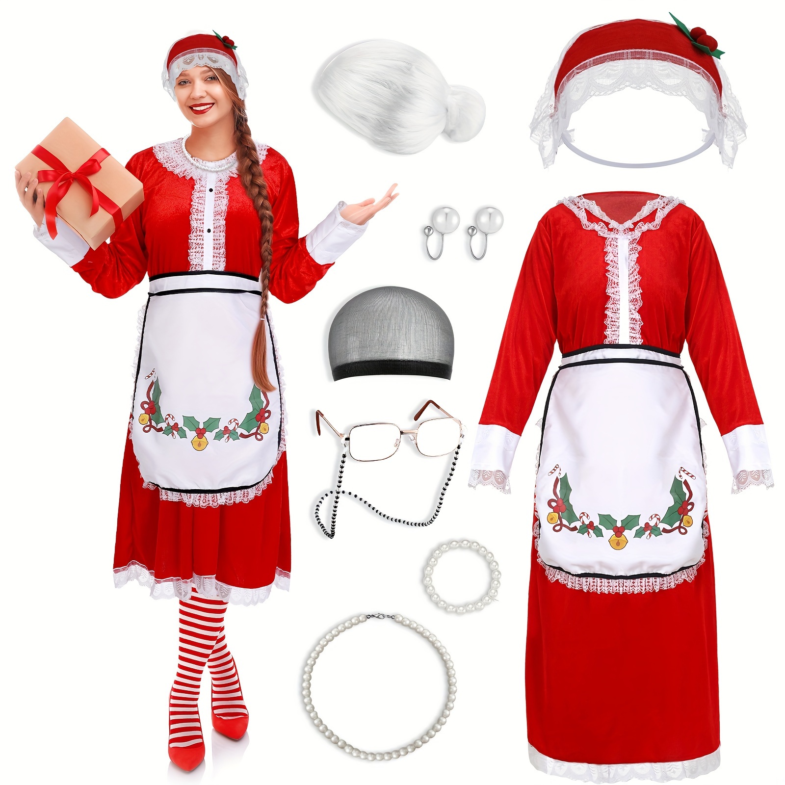 10 Piezas Traje Noel para Mujer Vestido de Santa Claus de Navidad Gorro  Delantal Peluca para Traje de Adulto de Cosplay de Navi
