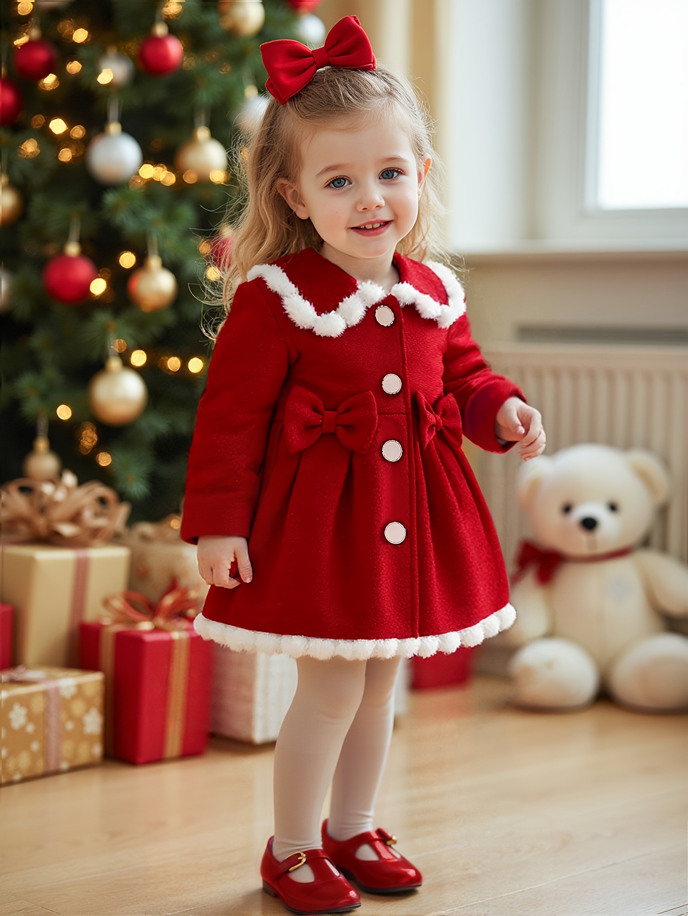 Baby Girl's Christmas Autumn/Winter Bow Plush Lace Collar Coat Baby Girl's Plush Collar Coat Baby Girl's Exquisite Fashion Dress Wear Fashion Gorgeous Clothing Suitable for Important Occasions Wear 