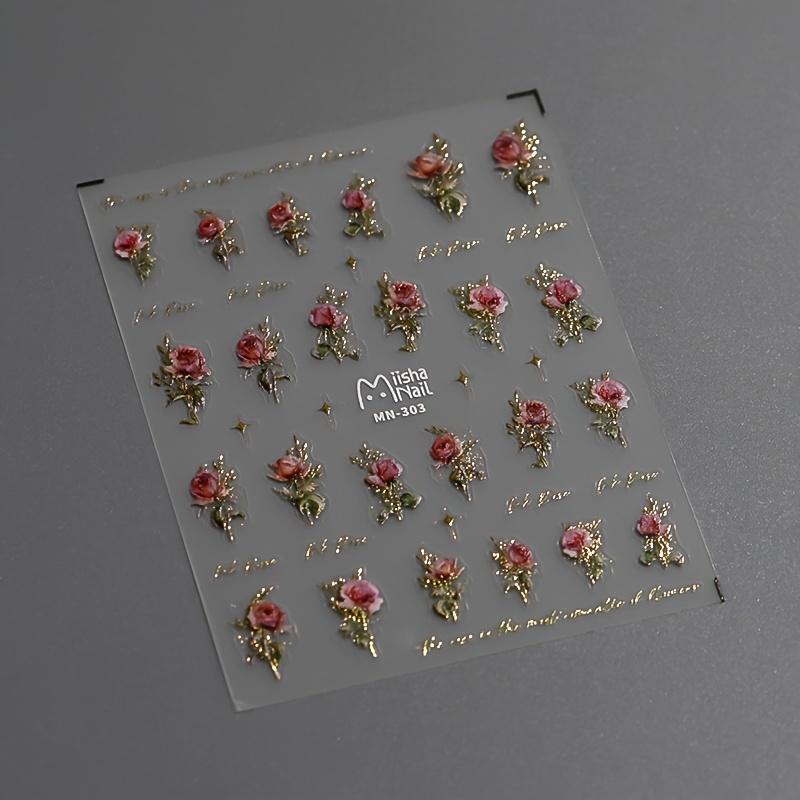 Image of 1pc 1pcs 1pc (compatible For 1pc Nail) 5d Retro Rose Nail Sticker With Foil - Glossy Decals Suitable For Nail Art, Diy Manicure, Temporary Nail Decoration