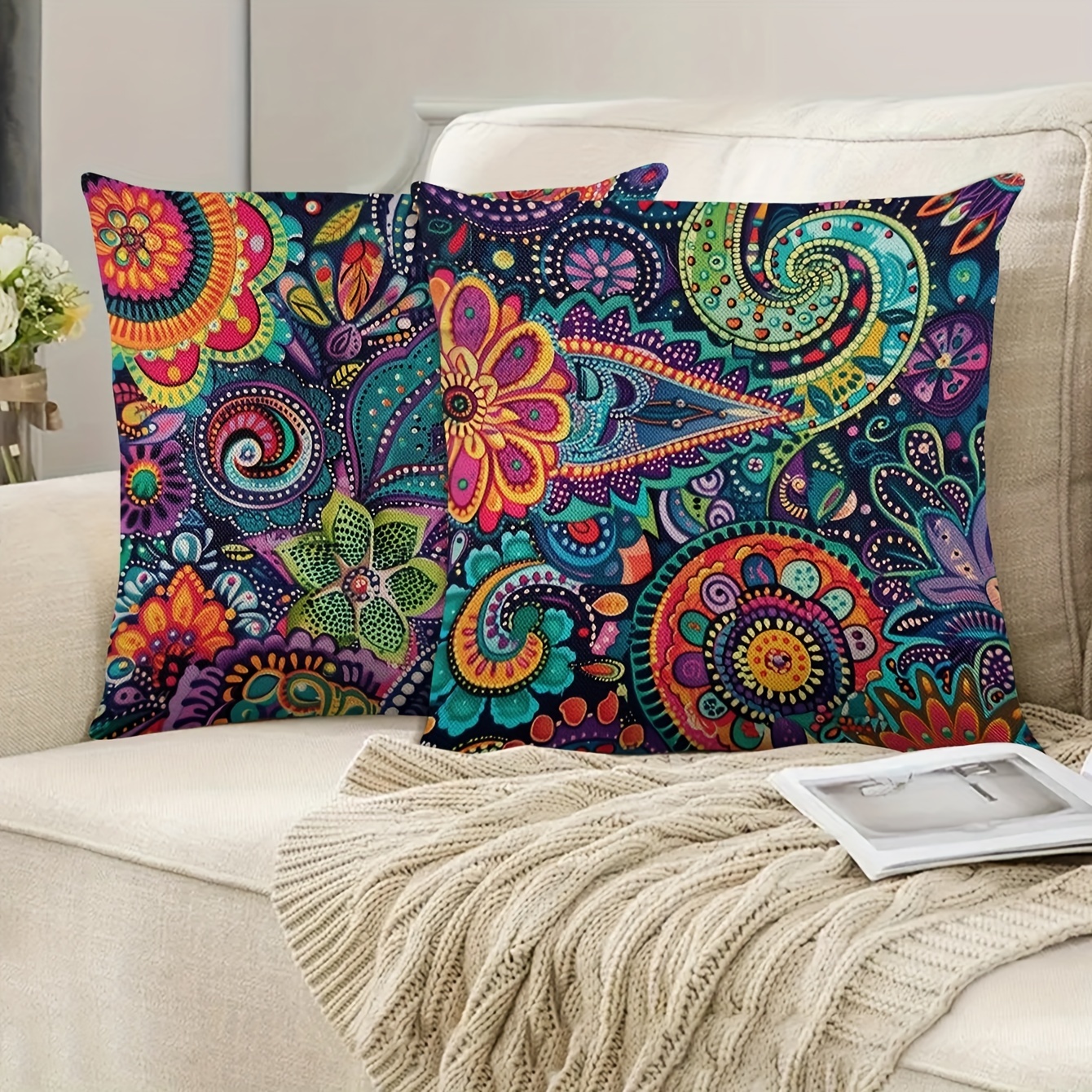 

2pcs Paisley Print Linen Pillowcases 18x18 Inches - Zippered, Machine Washable Covers For Sofa, Bed, And Home Decor (inserts Not Included) Queen Size Comforter Sets With Sheets Linen Pillow Covers