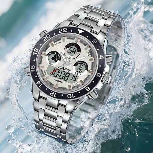 Herren-Business-Uhr im Vintage-Stil, Quarz mit Doppelanzeige, Stoppuhr, Wecker & Datum, Edelstahlarmband, rundes Gehäuse aus Zinklegierung, wasserdicht, batteriebetrieben