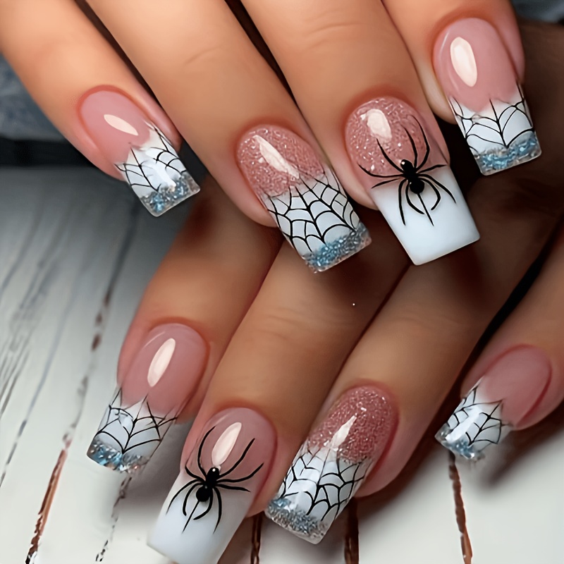 TEMU Faux Ongles Carrés Courts Halloween Toile d'Araignée 24pcs Dégradé Blanc Français Argenté Pailleté Rose Araignée Long Carré Faux Ongles Ambiance