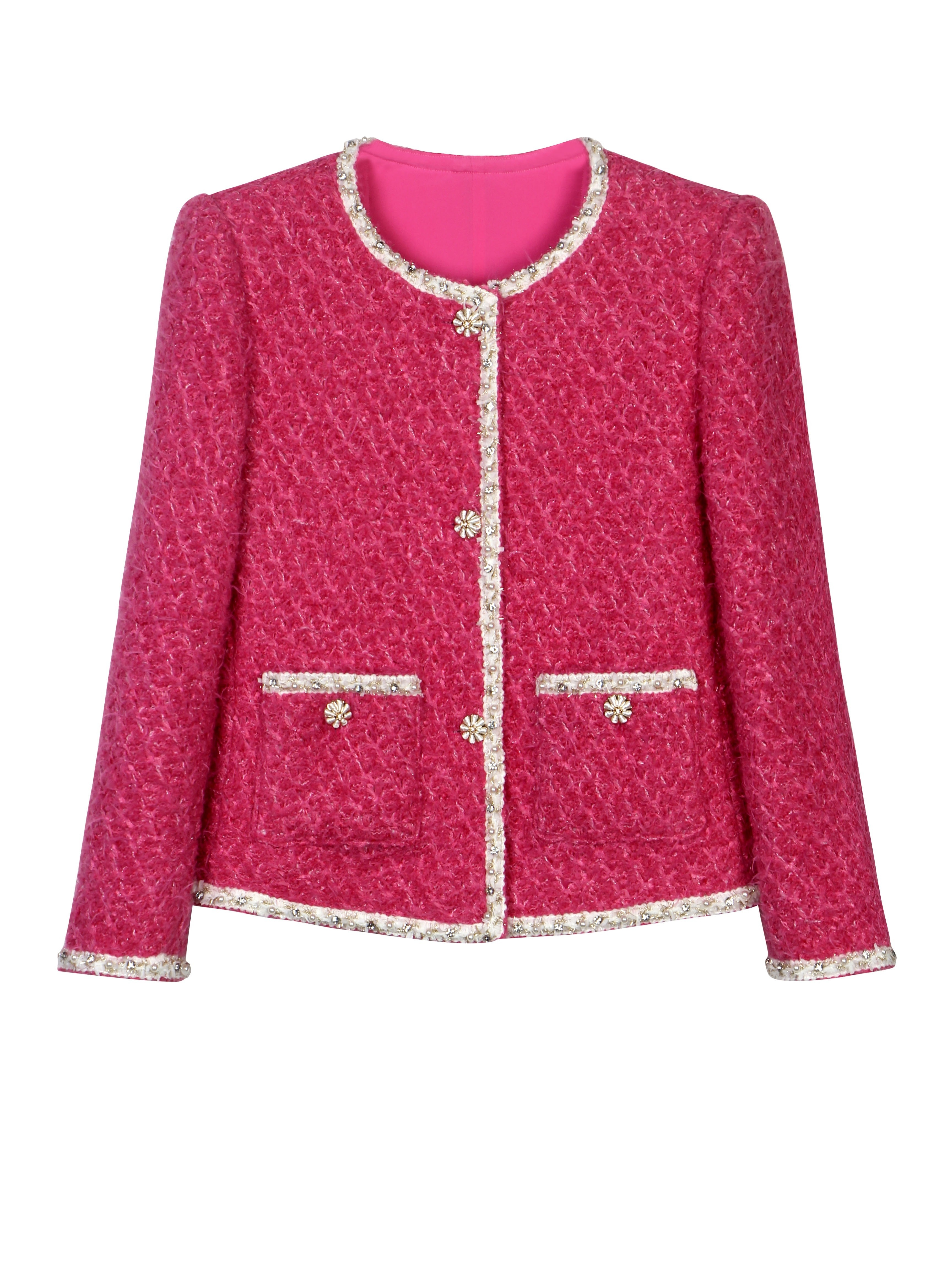 Elegant Red Beaded Fish Scale Tweed Jacket for Women Chic Long Sleeve,  Button-Up with Pearl Embellishments Fall/Winter Casual