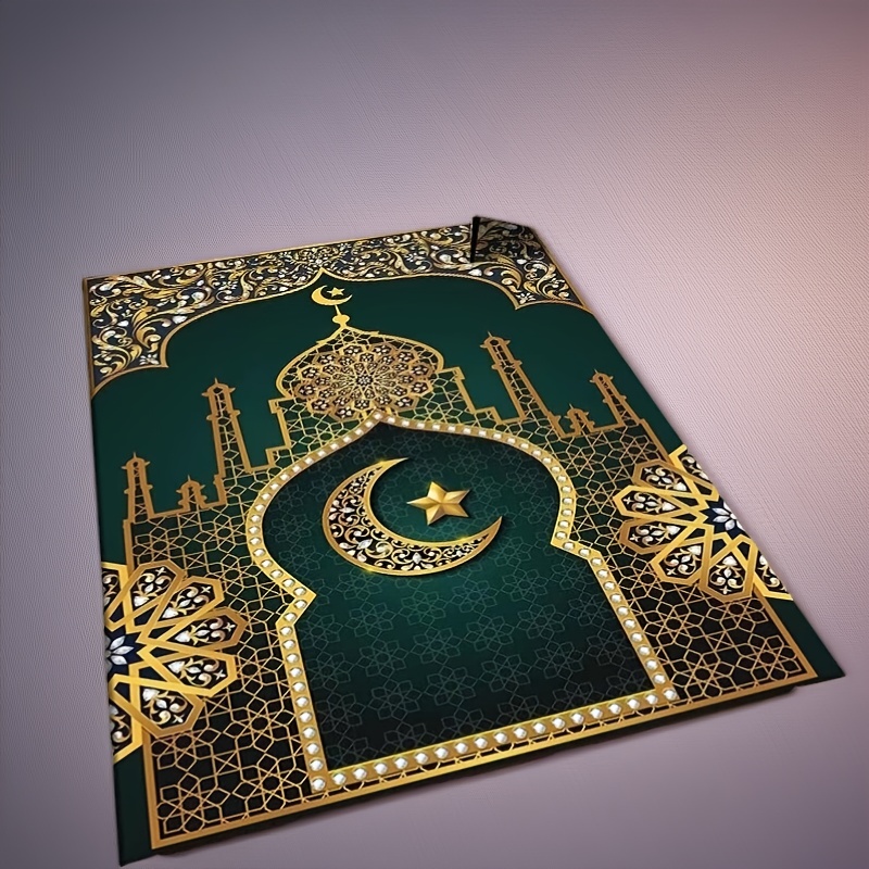 

Green And Golden Mosque Design Mat, Square, Washable Non-slip Stain Resistant, Machine Washable, With Tassels, For Ramadan, Eid , New Year - Medium Pile Polyester Mat