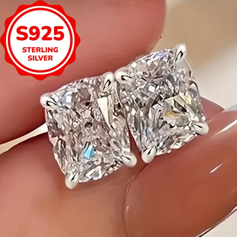 

1 Pair Elegant S925 Sterling Cubic Zirconia Stud Earrings For Women, Simple 925 Silver Plated Fashion Jewelry For Daily And Party , 3g