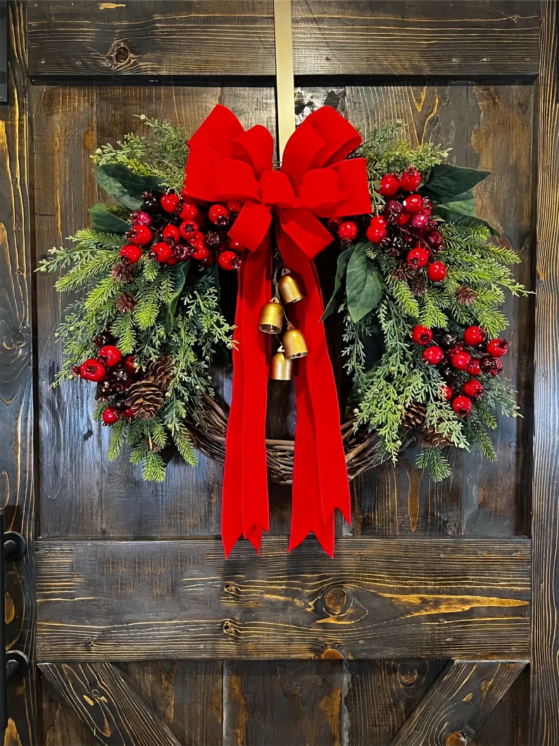 Large Rustic Farmhouse Christmas Wreath with Golden Bells, Red Berries & Pine Cones - Heavy-Duty Plastic /Outdoor Door Hanging Decoration, Burgundy Bow & Green Foliage for Front Door, Mantel, Year-Round Holiday Décor (Golden/Green)