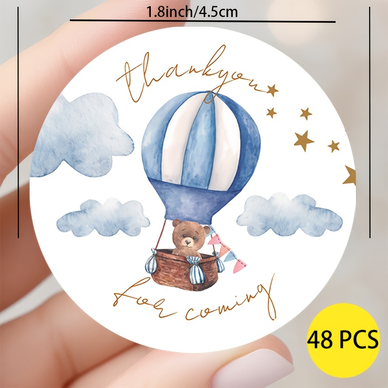 

48pcs Brown Bear Hot Air Balloon Thank You Stickers, Ideal For Weddings & Celebrations, Warm Joy Design For Family & Friends - Paper