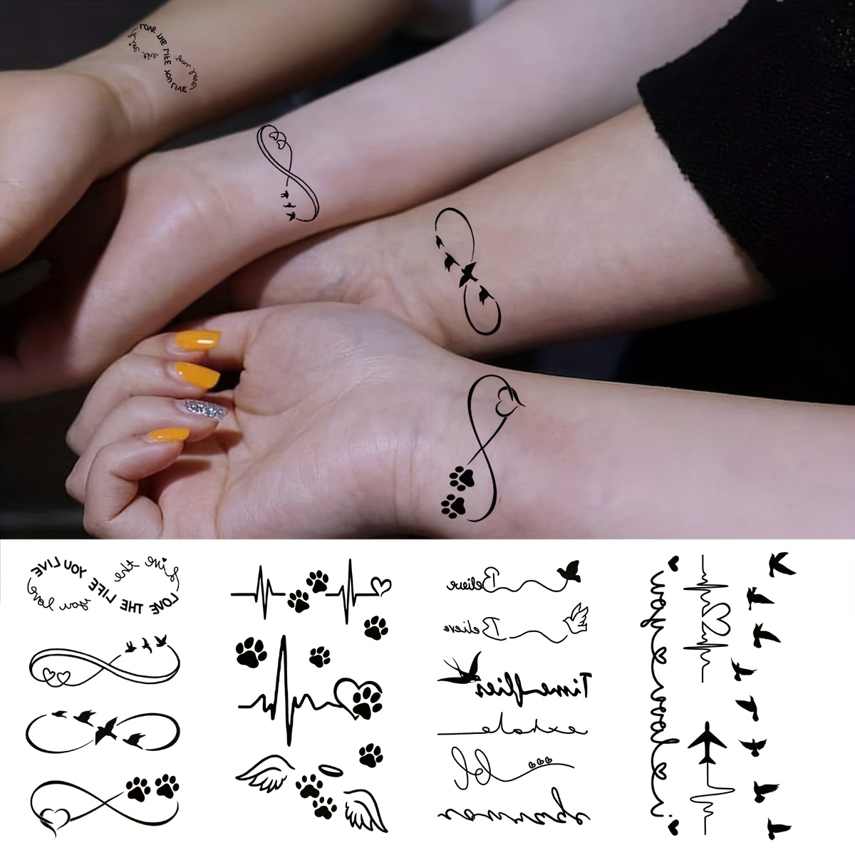 Tattoo Stickers, 4sheets/set, , Cute Minimalist Ecg, , Paw Print "believe" Design Makeup Pattern Waterproof Sweatproof Temporary Tattoo, Disposable Lasting 2-5 Days, Easy To Apply And