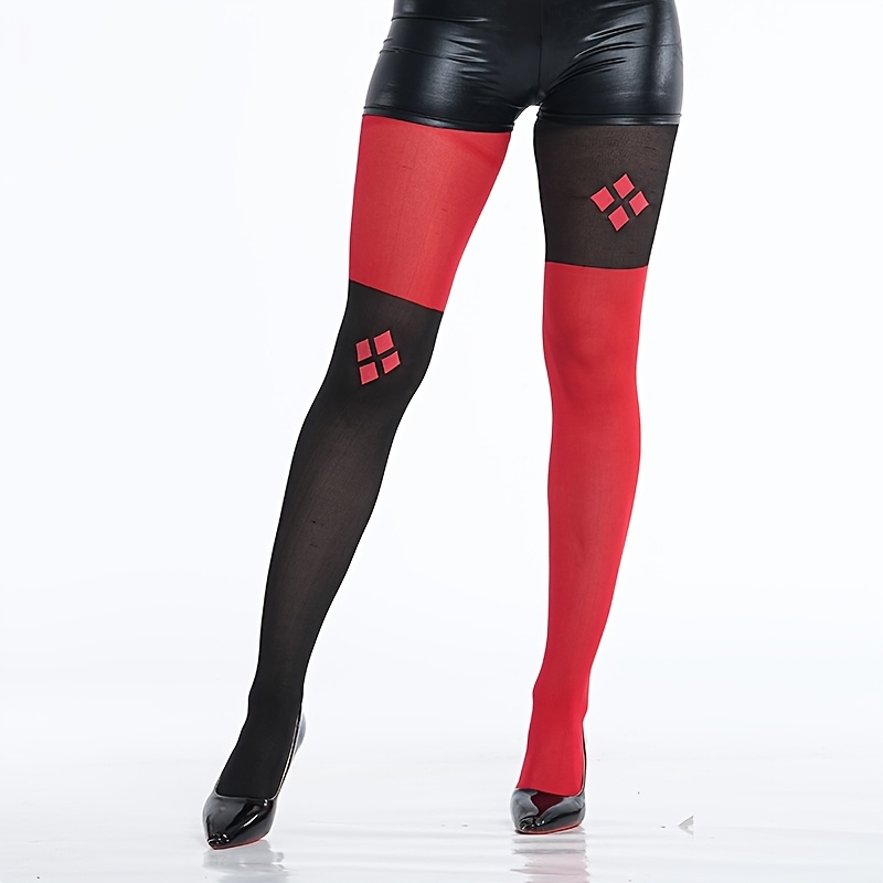TEMU 1 Paire de Collants Unisexes Rouges et Noirs à Motif pour Fête et Cosplay, à Carreaux pour de Clown, Adaptés à Toutes