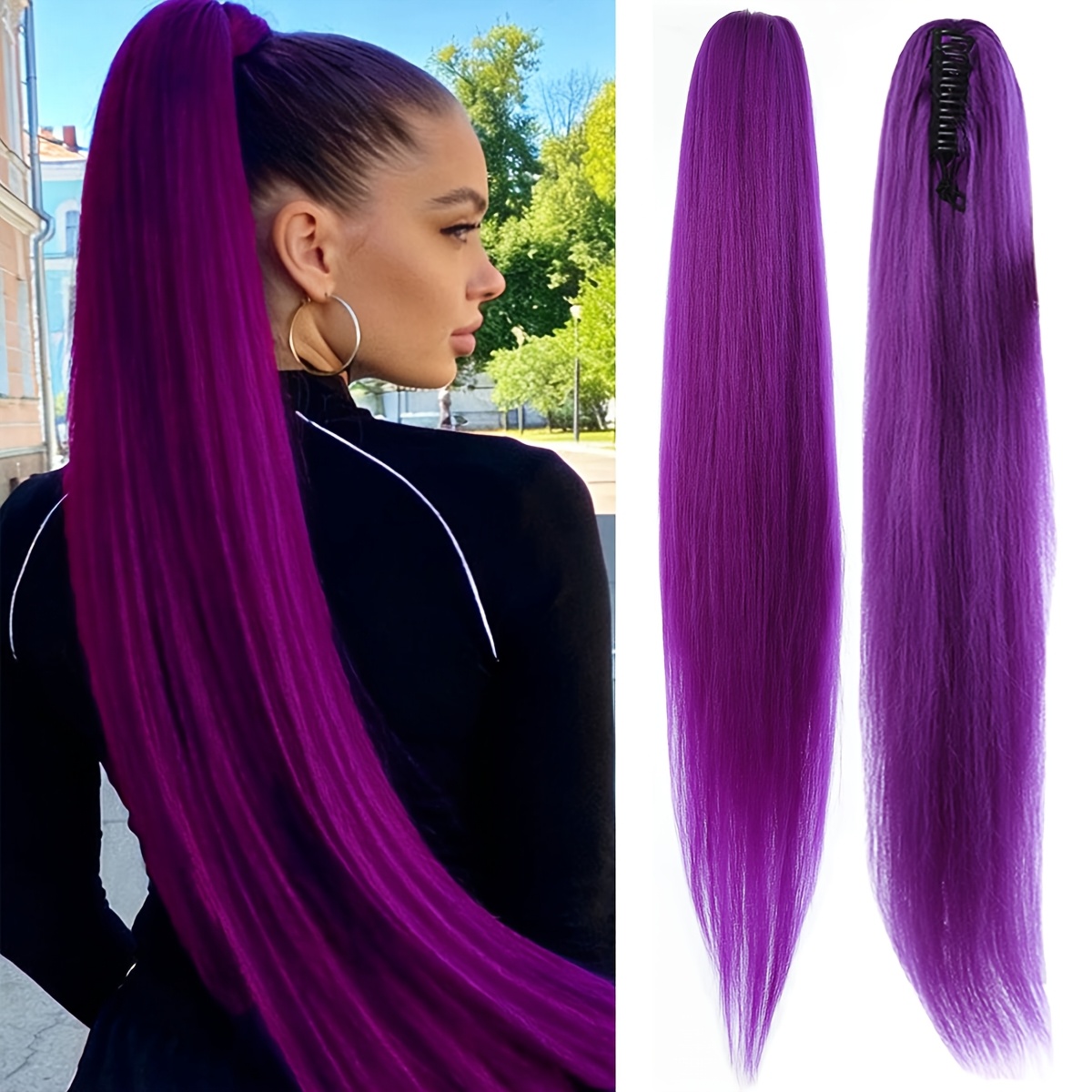 TEMU 32 Inch Straight Violet Ponytail Wig With Claw Clip And Drawstring Closure Design - Women's Synthetic Fiber Clip Wig, High-quality Synthetic