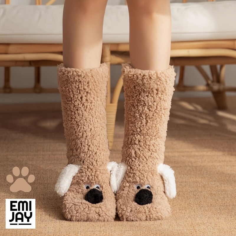 TEMU 1 Pair Women's Cute Puppy Patterned Floor Socks (black/apricot/white), Non-pilling And Machine Washable. Cartoon Animal Plush Socks, , Warm And