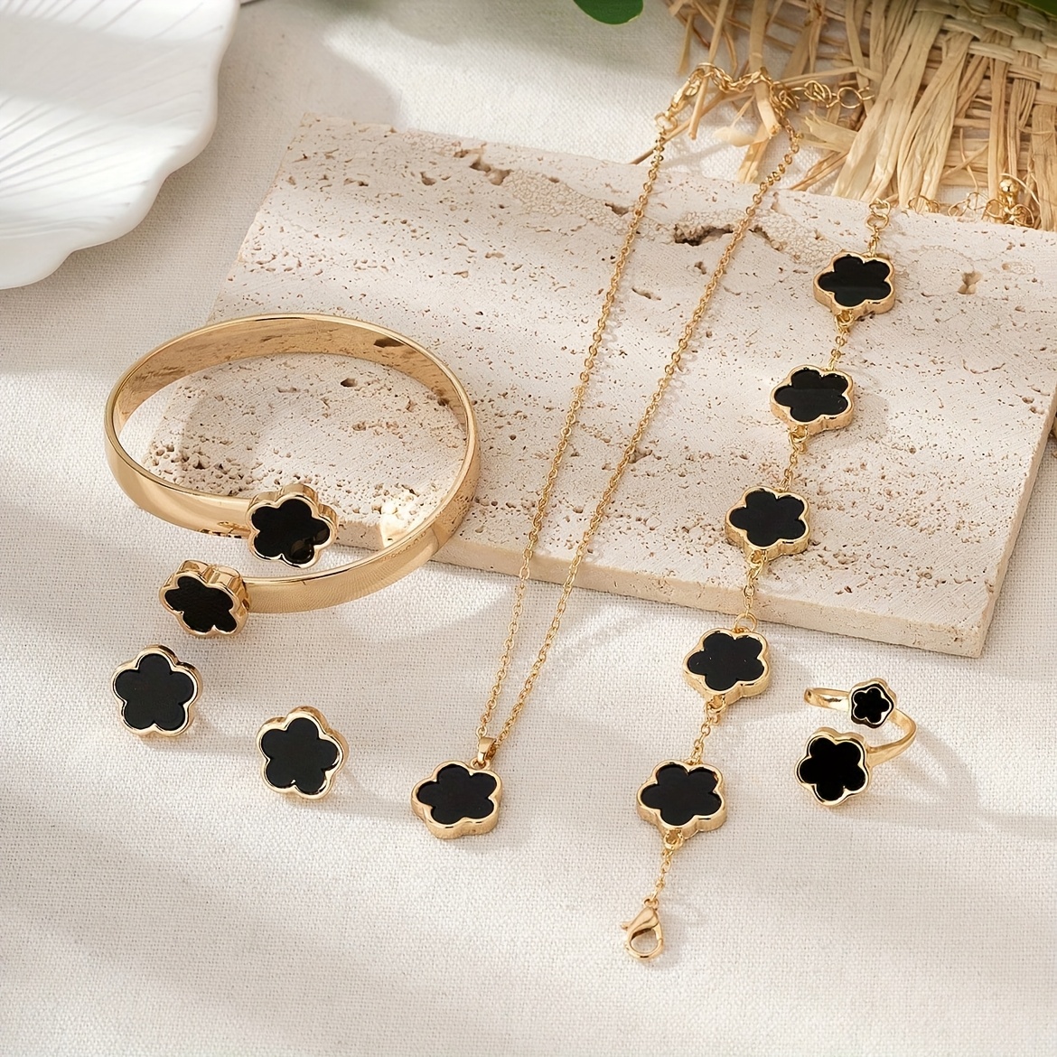 Lucky Clover Bracelet, Necklace, Earrings, Bracelet, Ring Set of Five