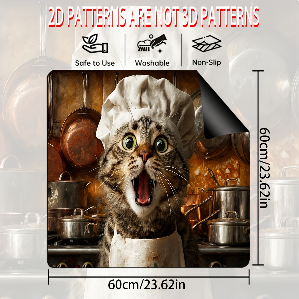 TEMU 1pc Alfombrilla para cubrir estufa con impresión 2D | Lindo gato chef sorprendido, utensilios de cocina decorativos y protector de encimera,