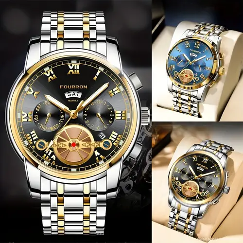 1pc elegant mens stainless steel quartz watch with date calendar luminous hands round alloy case water resistant battery powered electronic movement ideal gift for birthdays and holidays valentines day