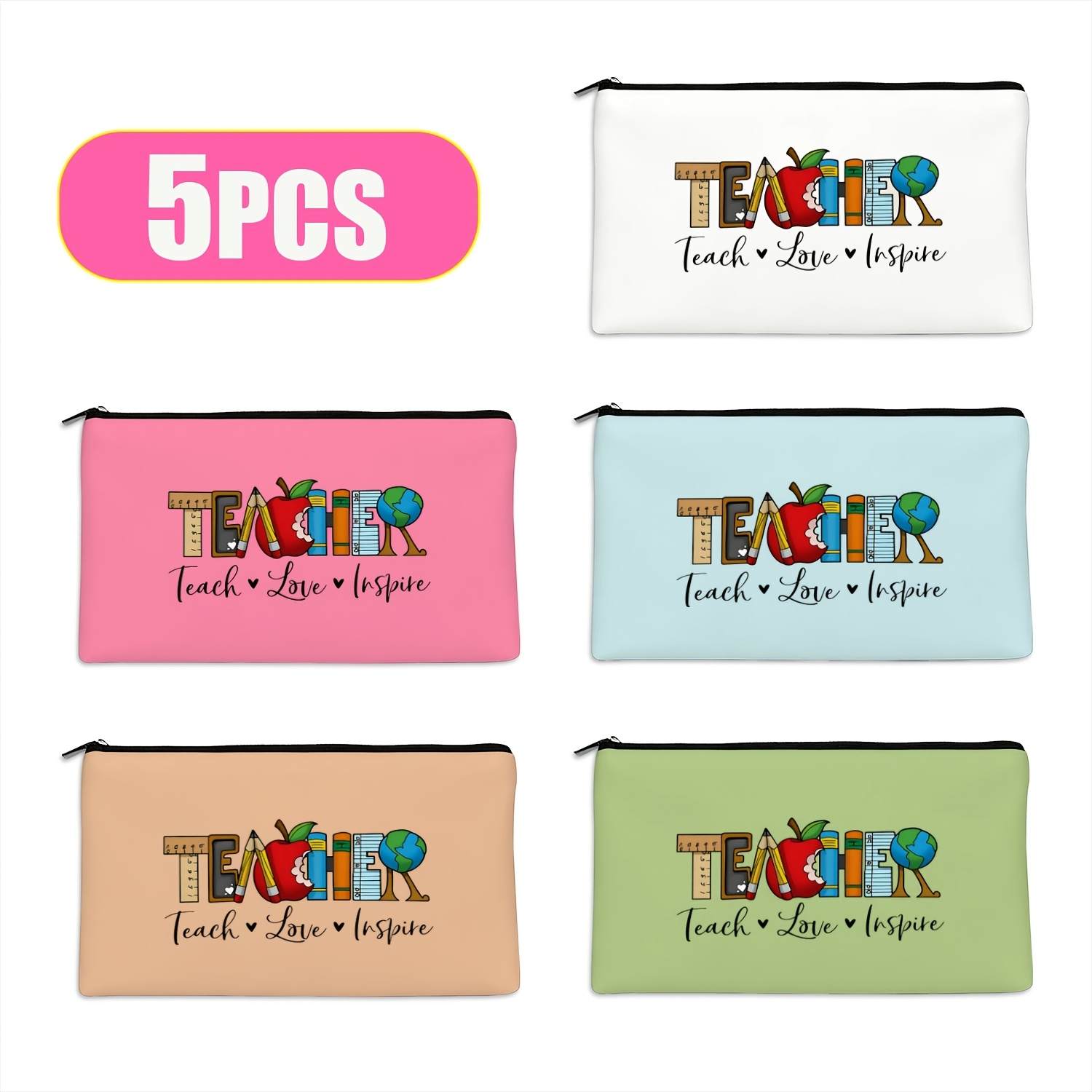 TEMU [5pcs] Teaching Aid Teacher Cartoon Text Pattern, Multi-functional Travel Makeup Bag, Emergency Snack Bag, Durable Polyester Zippered Storage
