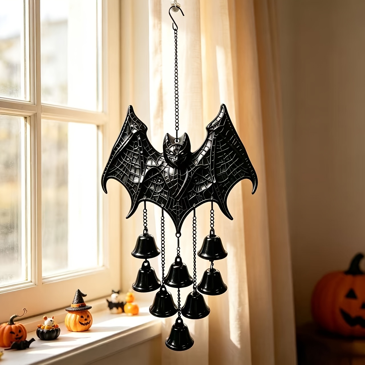 TEMU Carillon Éolien Chauve-Souris Noir Style Gothique Effet Verre, Décoration Ambiance Balcou Cour Arrière Halloween, Carillon Éolien Chauve-Souris,