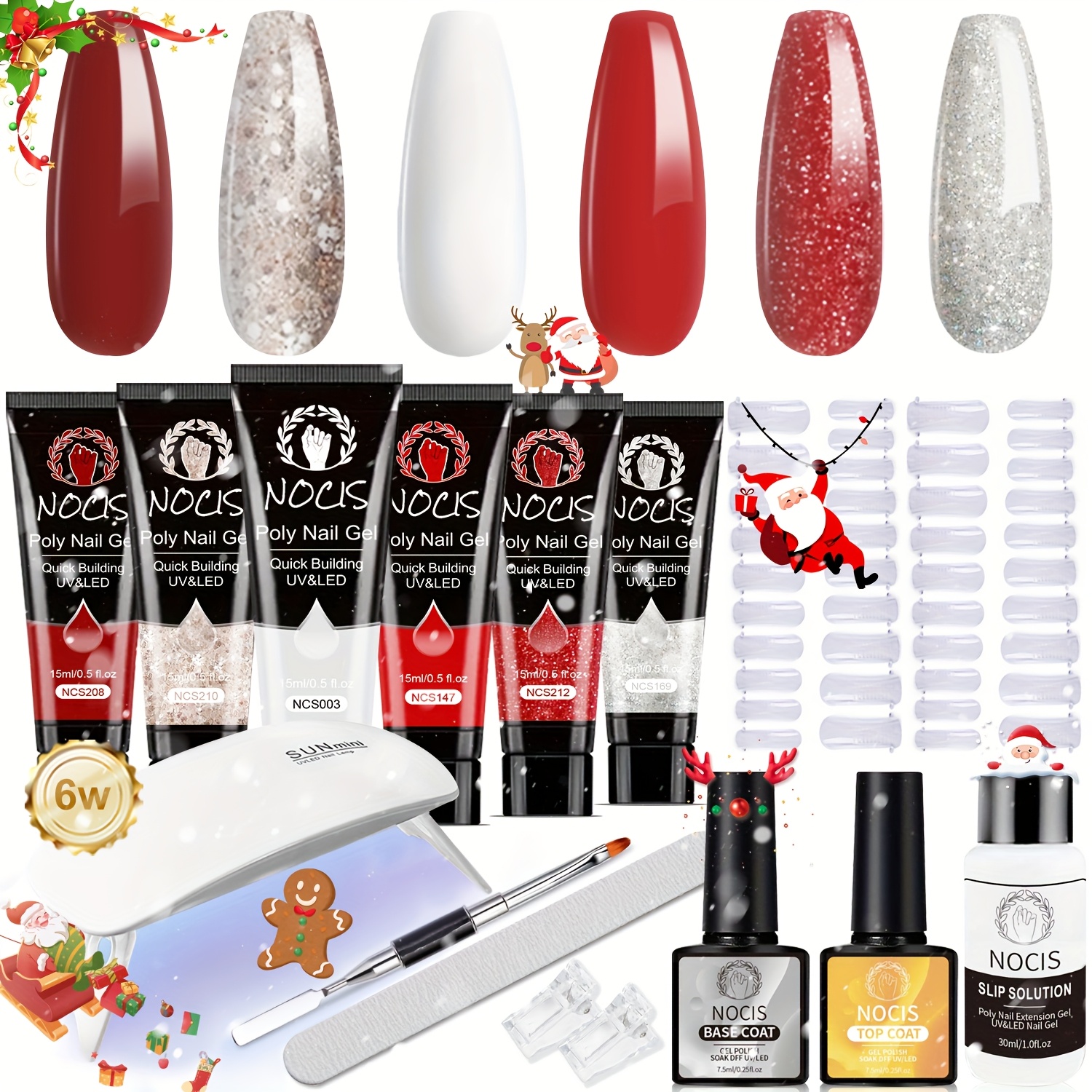 Poly Nail Gel Kit - 6 Colors Popular Bright Wine Glitter Extension Kit With Slip Nail Enhancement For Beginner & Professional Long Lasting Home Christmas Gift For Women, & Led Needed