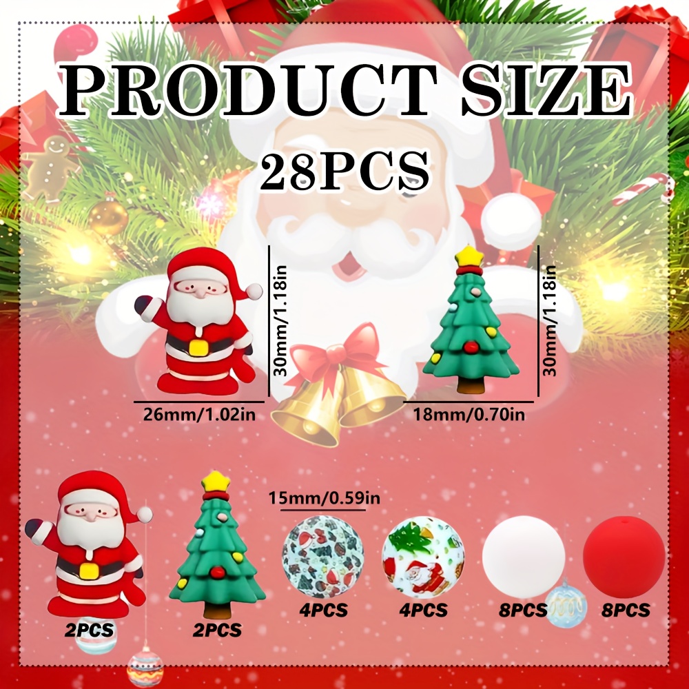 TEMU 28pcs Silicone Beads In 3d Shapes Of Santa Claus And Christmas Trees, Reindeer Silicone Shaped Loose Beads, Colorful Round Beads With Christmas