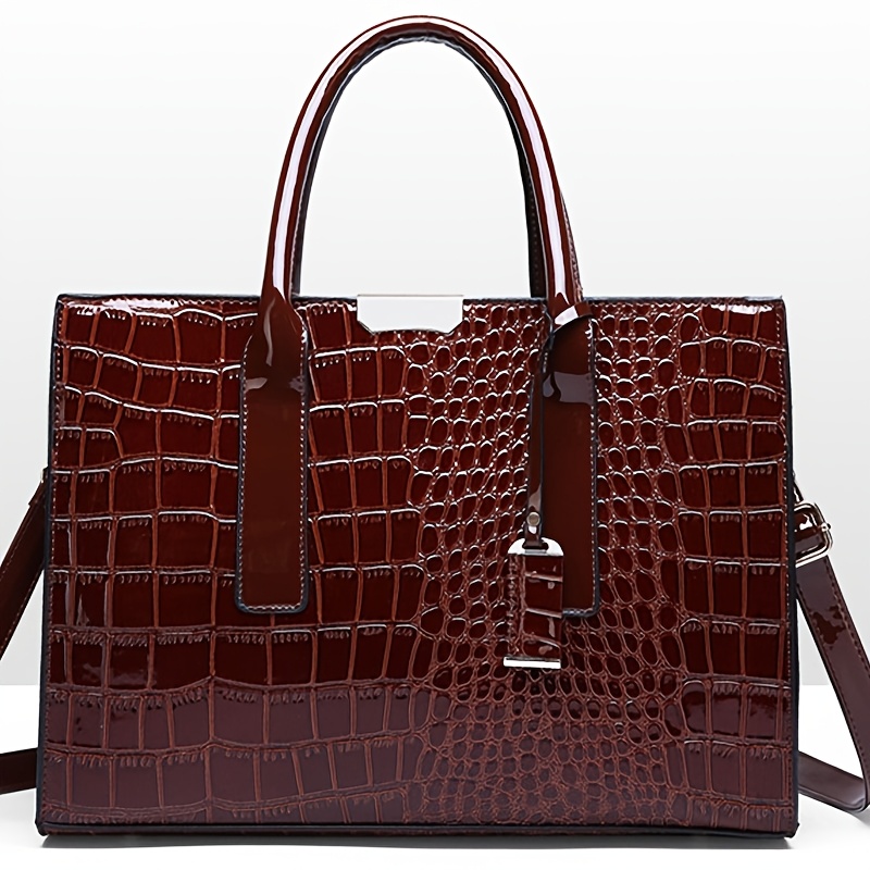 

Elegant Large Capacity Crocodile Pattern Tote Bag For Women - Burgundy/black Leather, Adjustable Strap, Zip Closure, Shoulder & Crossbody Carry, Ideal For Business Or Casual