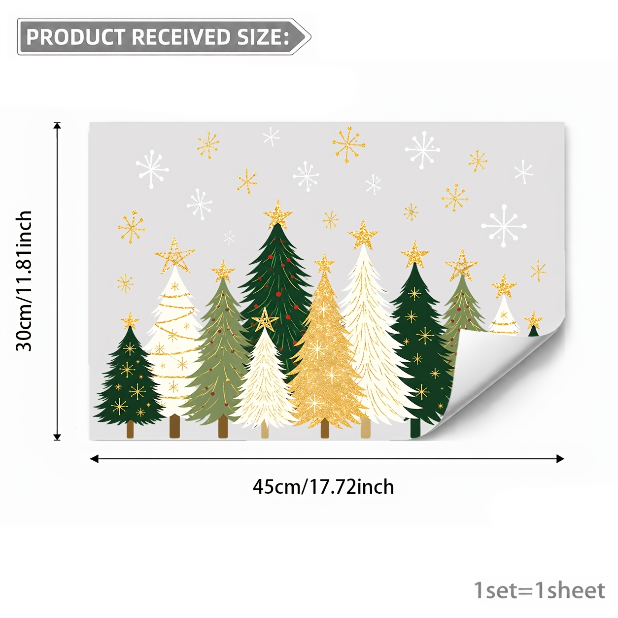 TEMU 1pc Green White Golden Christmas Tree Forest Snowflake Star Pattern 45x30cm Double-sided No-glue Pvc Static Cling Window Decal, Pine Top And