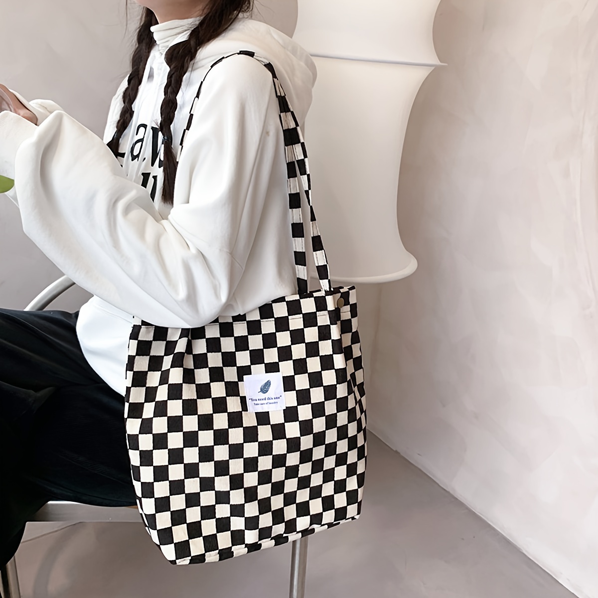 

Vintage Corduroy Checkerboard Pattern Shoulder Bag, All-match Versatile Lightweight Commuter Bag For Women