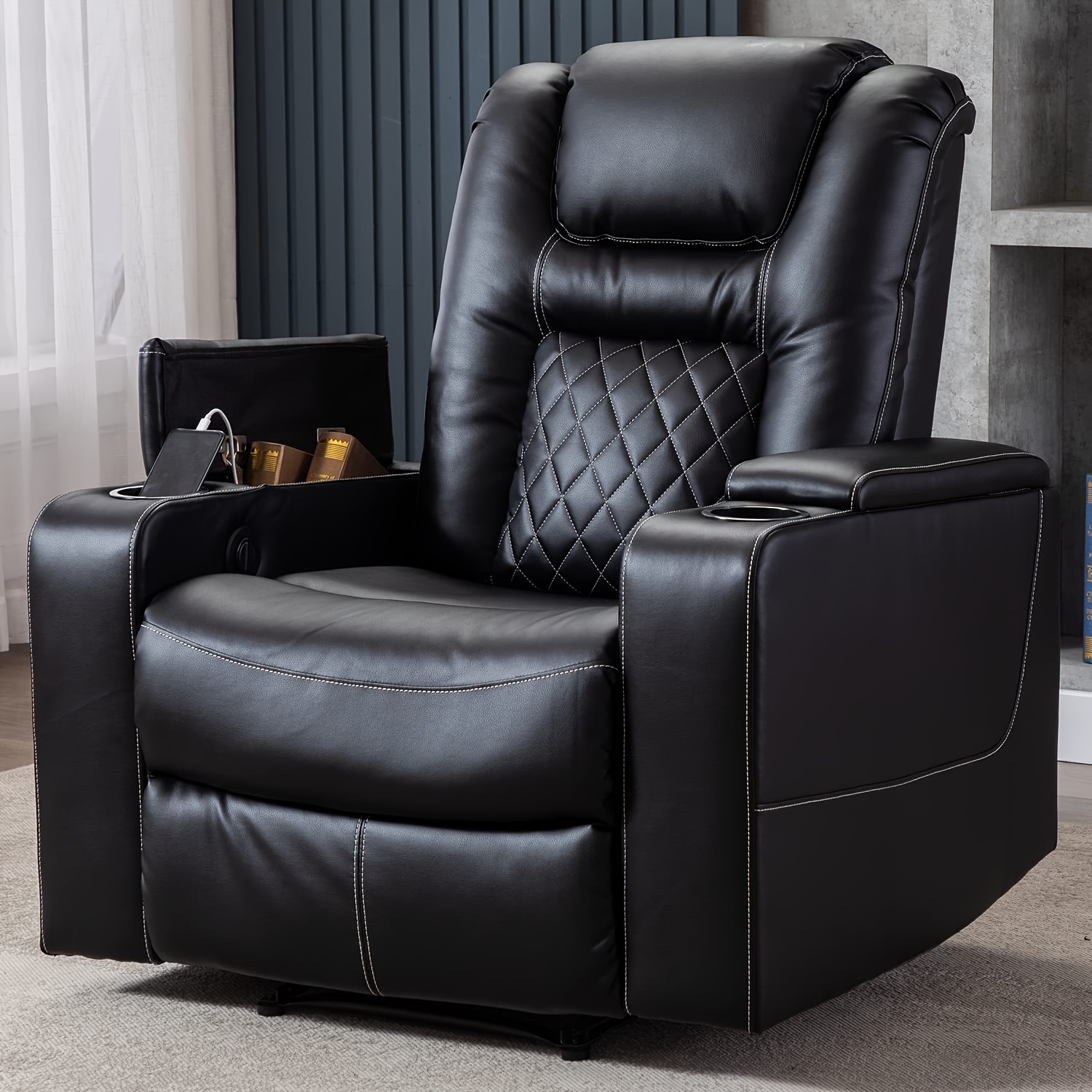 TEMU Adult Power Function Recliner, Soft Faux Leather Seat, Upholstered Recliner With Hidden Storage, Home Theater Seating