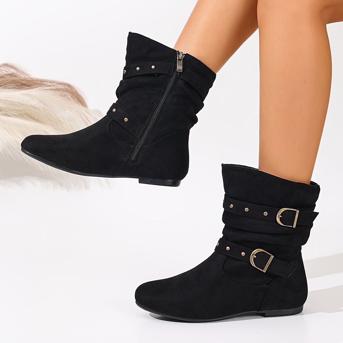 TEMU European And Casual, Minimalist, And Elegant Mid-calf Boots For Women, Featuring Flat Soles And Vintage-style Double Strap Studded Decorations,