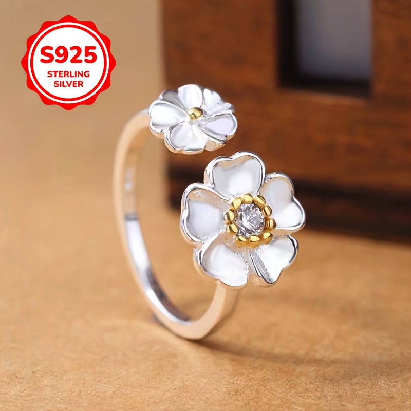925 Silver Adjustable Double Flower Daisy Camellia Ring
