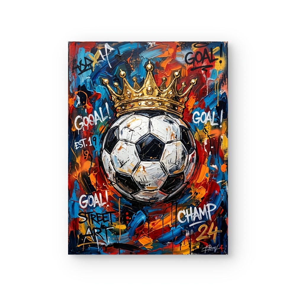 TEMU 2d Flat, 2d Flat, 1pc Unframed King Soccer Ball Canvas Wall Art Print, Colorful Graffiti Football With Poster, Street Art Sports Artwork, Modern
