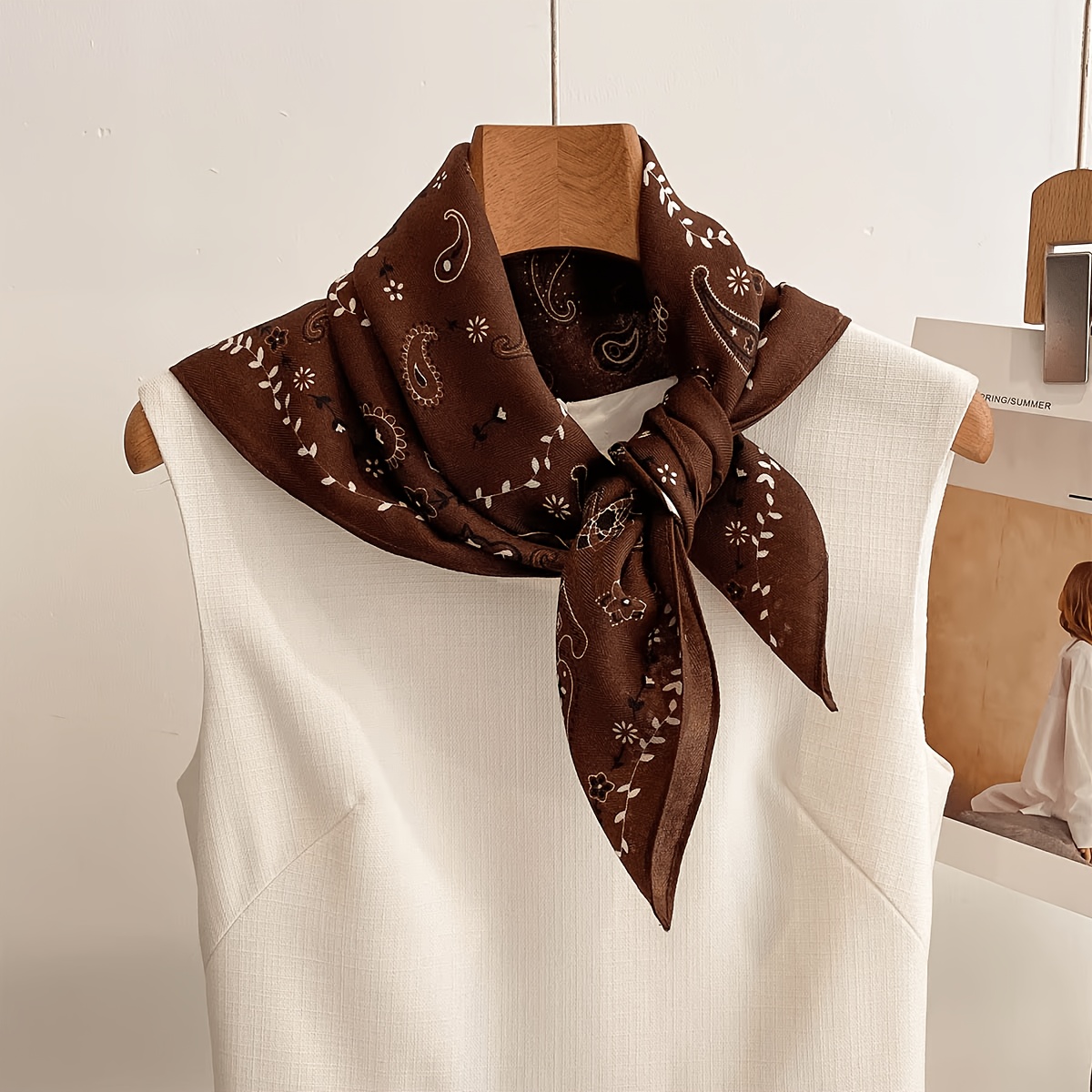 TEMU Vintage Coffee-colored Floral Paisley Pattern Women's Multifunctional Square Scarf, Headscarf, Shawl, Neck Scarf, Soft And Warm Herringbone