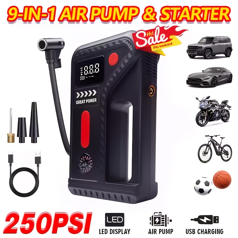 TEMU Démarreur de voiture portable 10-en-1 10000A et compresseur d'air gonfleur de pneu numérique 250PSI, écran LCD clair, boutons intuitifs à ,