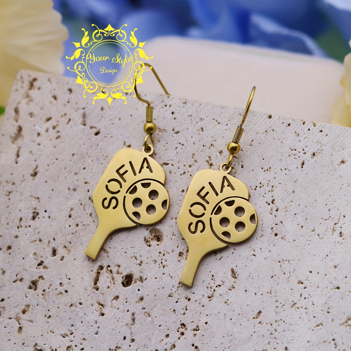 TEMU Personalized Pickleball Paddle Name Earrings - Custom Letter Stainless Steel Sports Jewelry For Women, Elegant & Cute Design, Vacation Or