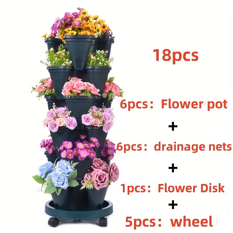 

1 Set/18 Pieces, 6-tier Stackable Planters - Vertical Garden Pots For Flowers, Herbs, Strawberries And Vegetables - Plastic With Moving Wheels And Tools - Indoor/outdoor Gardening Pots