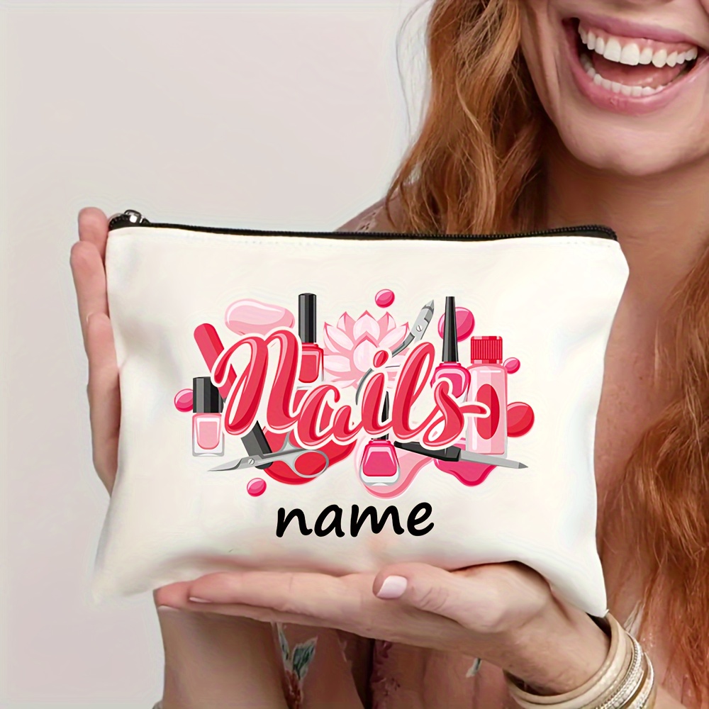 

Sleek Storage, Custom Name & Diy Design Makeup Bag - Chic Nail Art Theme, Love Parties & Travel - Canvas Zipper Pouch, Ivory